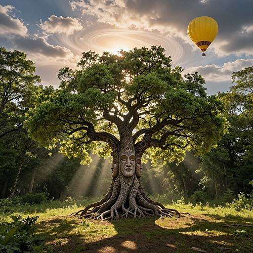 Photograph of a giant tree with a human-like face, sunlight streaming through leaves, surrounded by forest, and a yellow hot air balloon in a cloudy