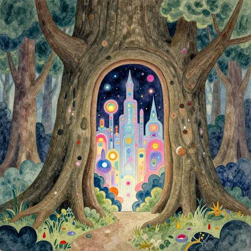 Whimsical forest scene with a glowing, colorful castle through a tree's hollow. Vibrant planets and lights illuminate the night sky. Detailed watercolor