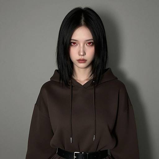 Digital portrait of an Asian woman with pale skin, black shoulder-length hair, red eyes, and wearing a black hooded sweatshirt, against a gray