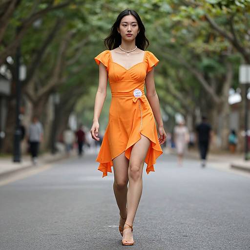Asian woman in vibrant orange, short-sleeve dress with asymmetrical hem, white floral bow, walking confidently down a tree-lined street.