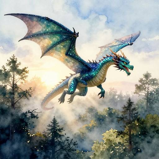 Digital painting of a majestic blue dragon with iridescent scales, large wings, and sharp spines, soaring through a misty forest at sunrise.