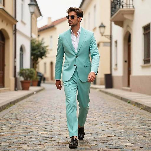 Photograph of a stylish man in a light turquoise suit, white shirt, and black shoes walking down a cobblestone street in a sunlit,