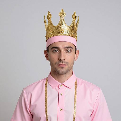 Photograph of a young man with medium skin tone wearing a gold crown, pink shirt, and gold chain, against a plain light blue background.