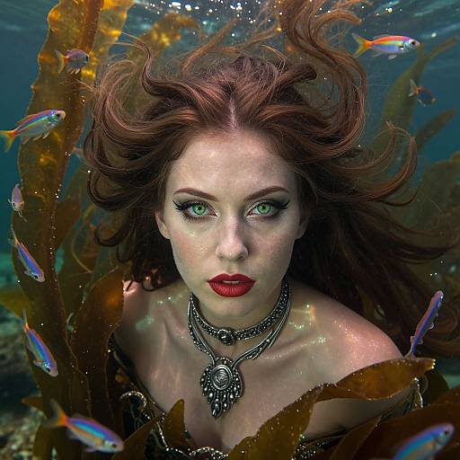 Underwater photograph of a pale-skinned, red-haired woman with vivid green eyes, red lips, and dark eyeliner, surrounded by colorful fish and