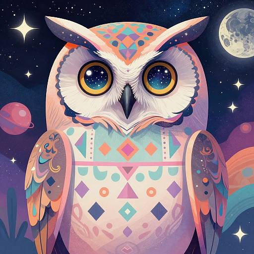 Digital illustration of a colorful owl with large, starry eyes, geometric patterns, and vibrant feathers, set against a night sky with stars, planets,