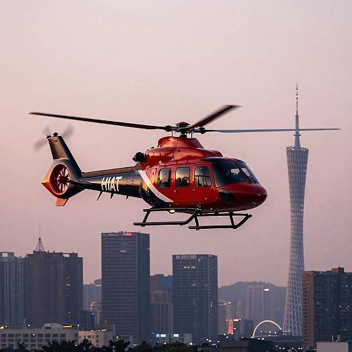 Red and Black Helicopter Over Cityscape