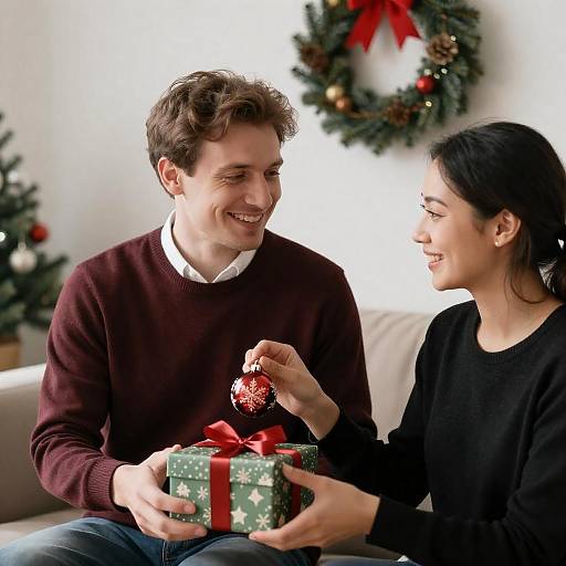 Smiling Couple in Cozy Christmas Living Room