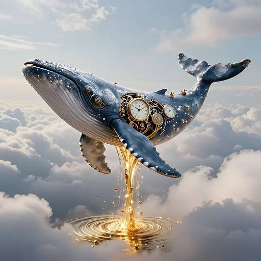 Fantastical digital artwork of a blue whale with clock faces on its body, rising from a sunlit cloud with water splashing below.