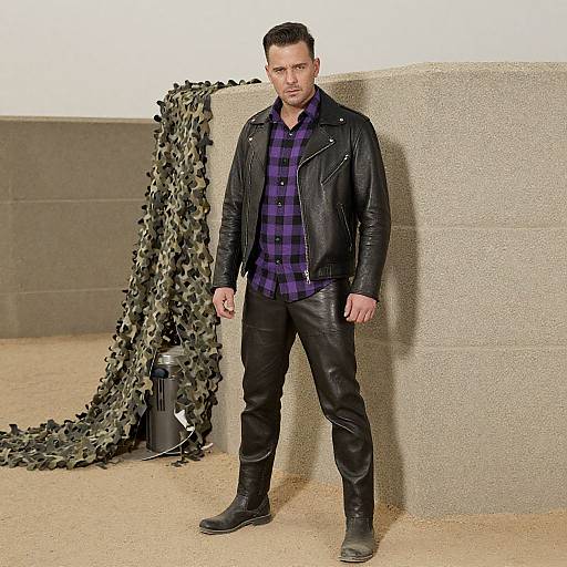 Photograph of a muscular man with short dark hair, wearing a black leather jacket, purple plaid shirt, and black pants, standing against a concrete