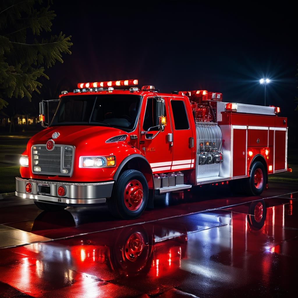 Night Scene of Parked Red Fire Truck