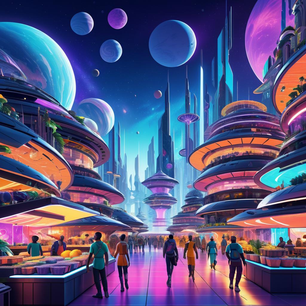 Vibrant Space Colony Marketplace Illustration