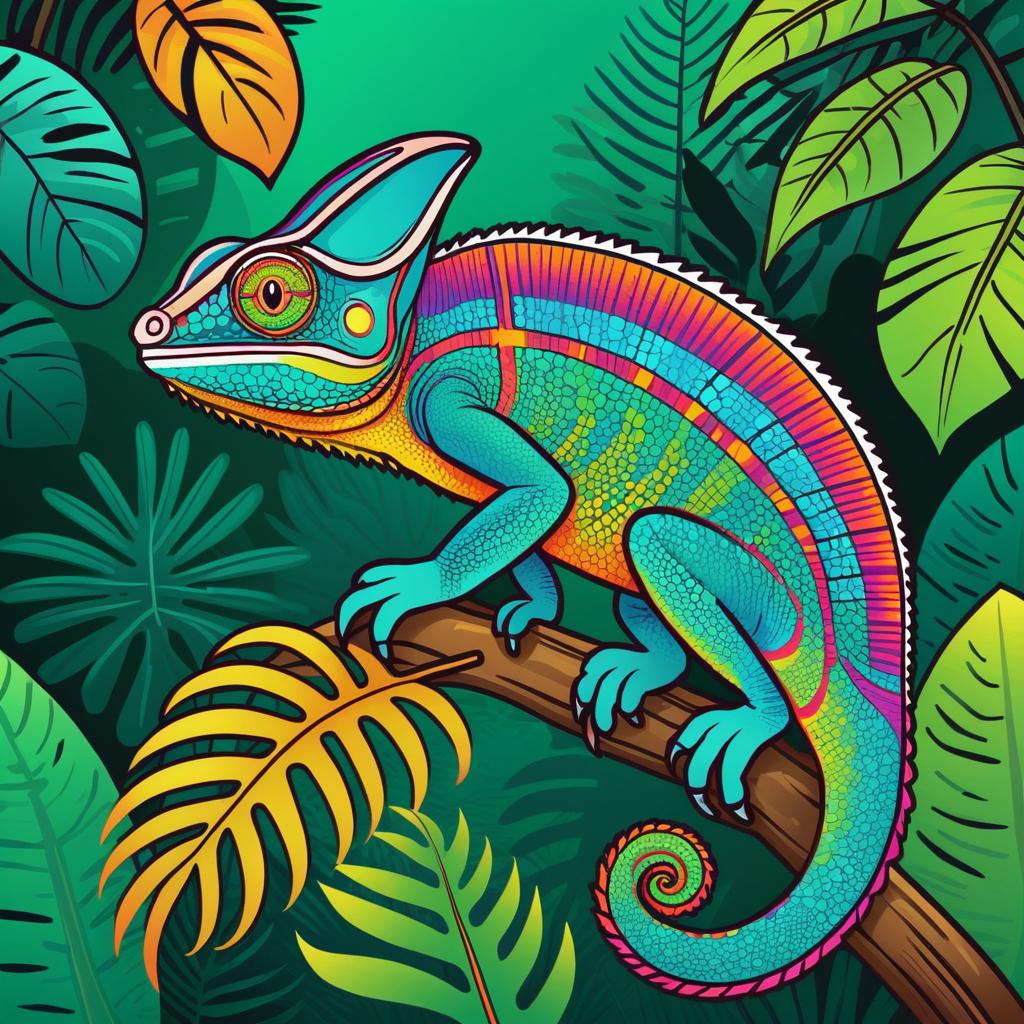 Vibrant Line Art Chameleon in Rainforest