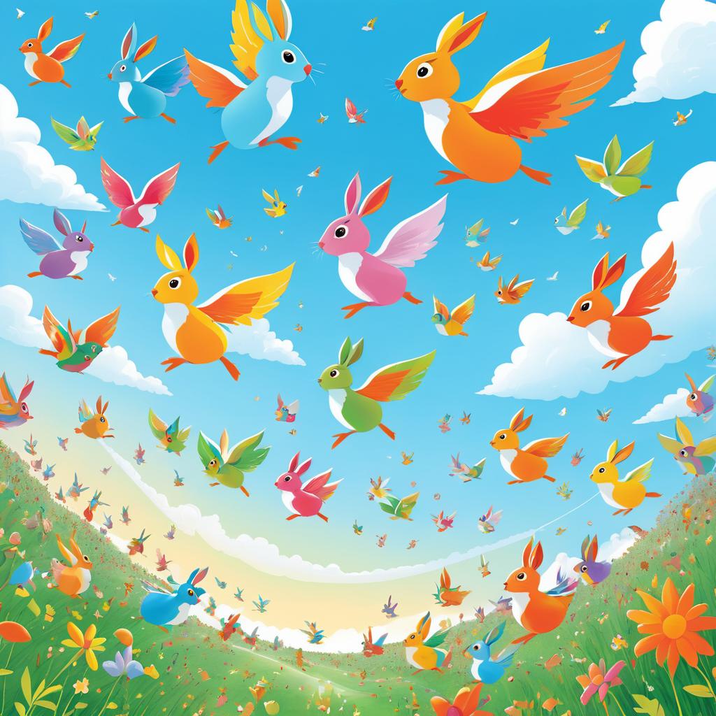 Whimsical Flight of Bunnies and Birds