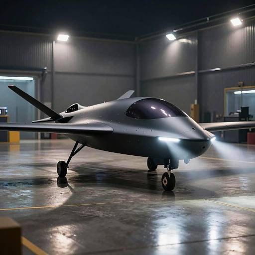 Photograph of a sleek, black, single-engine jet aircraft with glowing lights, standing on a shiny, reflective hangar floor.