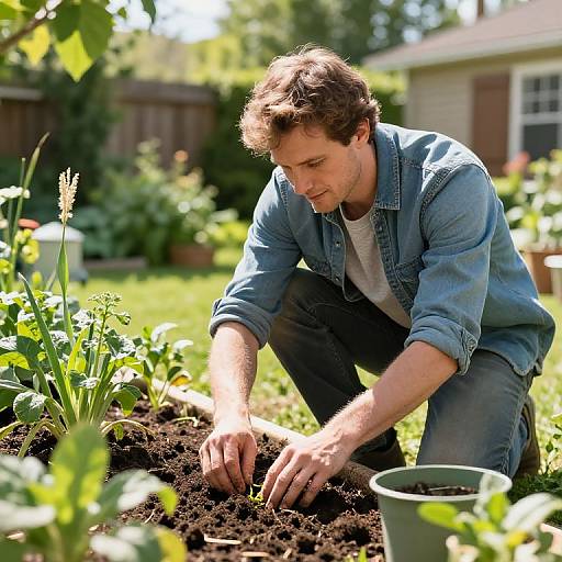 Dad Gardening in Sunny Backyard