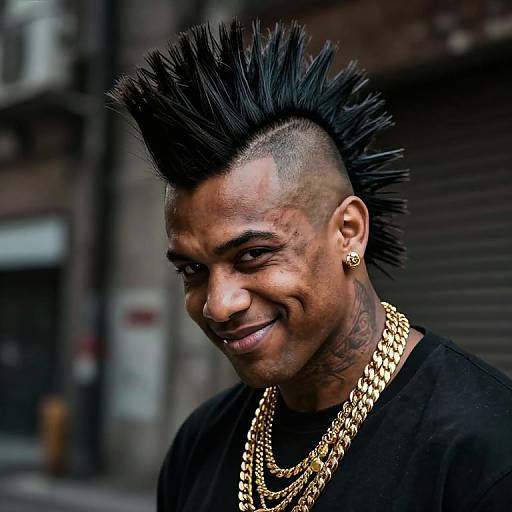 Photograph of a smiling Black man with a mohawk, gold chain necklaces, and earrings, standing in an urban alleyway.