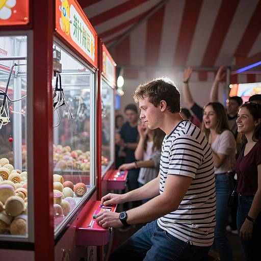 Man Playing Claw Game in Tent