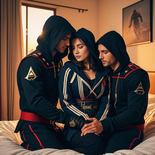 Three Assassin Creed Men and Woman in Hooded Apparel Embracing