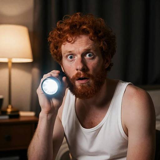 Startled Man in Dimly Lit Room