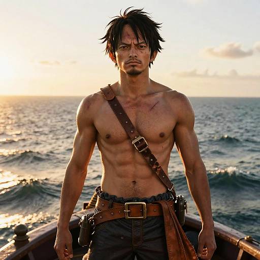 Photograph of a muscular, shirtless Asian man with messy black hair, wearing a brown leather strap and belt, standing on a wooden boat at sunset