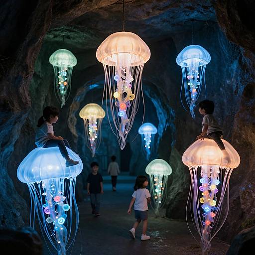 Photograph of a dark cave with glowing jellyfish lanterns, children exploring, and colorful lights, creating a whimsical underwater effect.