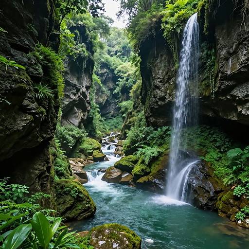 Photograph of a lush, green jungle waterfall cascading into a turquoise stream, surrounded by moss-covered rocks and dense foliage.