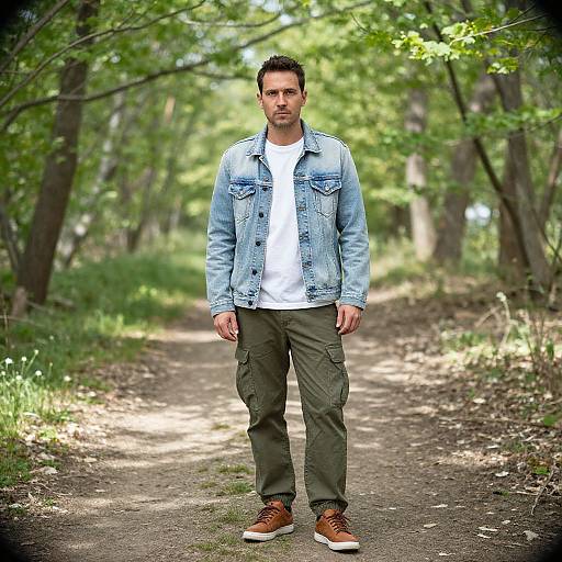 Photograph of a young man with short dark hair, wearing a light blue denim jacket, white shirt, olive green cargo pants, and brown shoes,