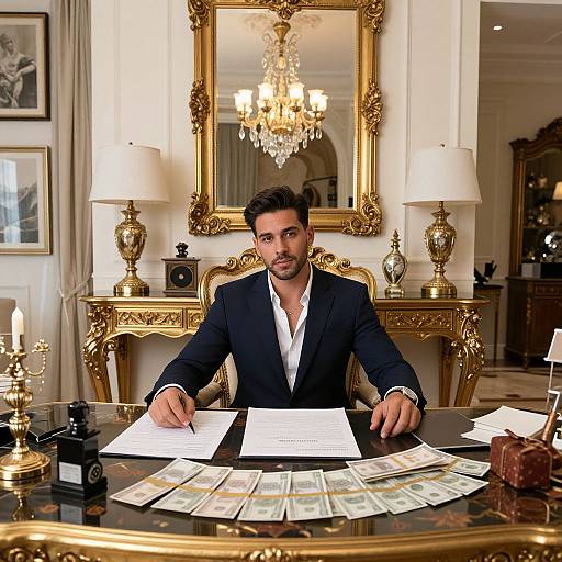 Photograph of a bearded man in a black suit, seated at an ornate wooden desk, reviewing documents and currency, with a gold-framed