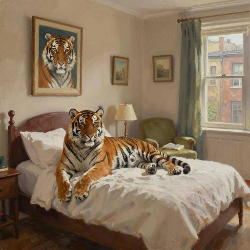 Tiger on Bed in Cozy Bedroom Oil Painting