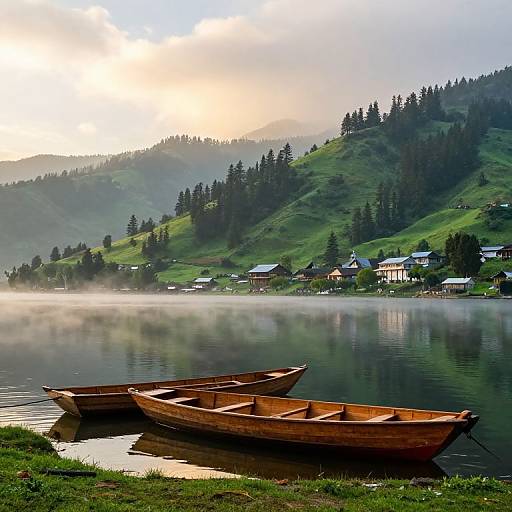 Photograph of serene mountain lake with wooden rowboats, misty reflection, green hills, scattered houses, and sunlit sky in the background.