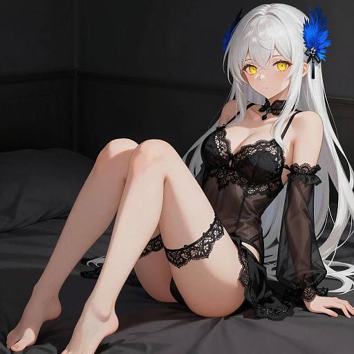 Anime Girl in Black Lace Lingerie Sitting on Bed