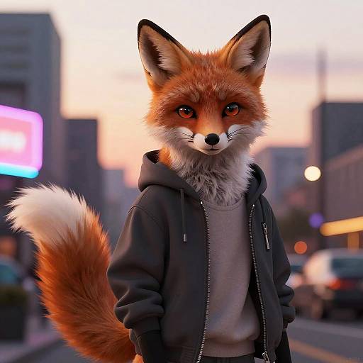 Digital artwork of an anthropomorphic fox with red-orange fur, white-tipped tail, wearing a black hoodie, standing in a city street at sunset.