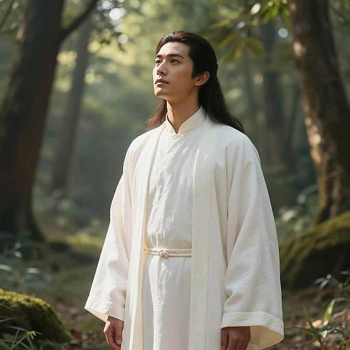 Man in White Robes in Forest
