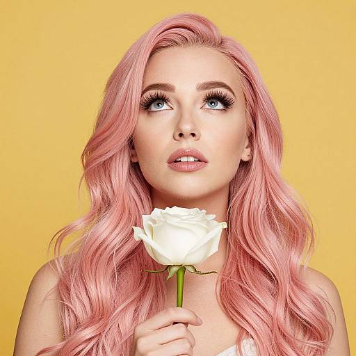 Photograph of a woman with long pink hair, blue eyes, and full lips, holding a white rose against a bright yellow background.
