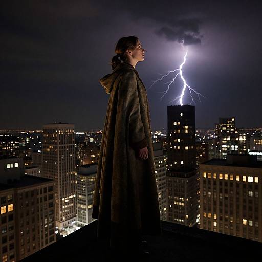 Photograph: Silhouetted woman in long green coat stands on rooftop, gazing at lightning bolt illuminating dark, cityscape below.
