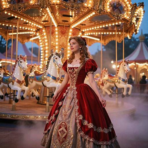 Photograph: Young woman with long red hair in an elaborate red and gold ball gown stands in front of a lit, vintage carousel with white horses at
