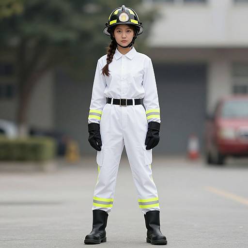 Photograph of an Asian woman in white firefighter uniform, black gloves, and helmet, standing on a suburban street, focused expression.