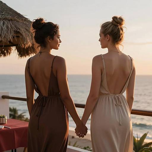 Two Women Holding Hands on Ocean Balcony at Sunset