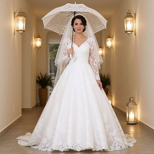 Photograph of a smiling bride in a white lace wedding dress, holding a lace umbrella, standing in a warmly lit hallway.