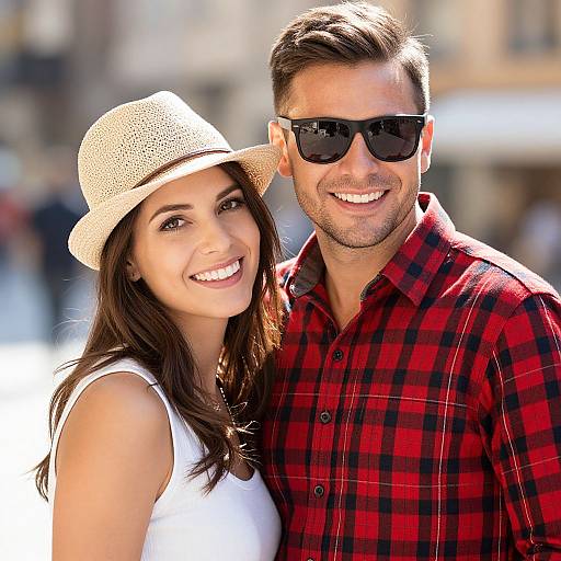 Photograph of a smiling couple; woman with dark hair, white hat, white sleeveless top; man with short brown hair, black sunglasses, red