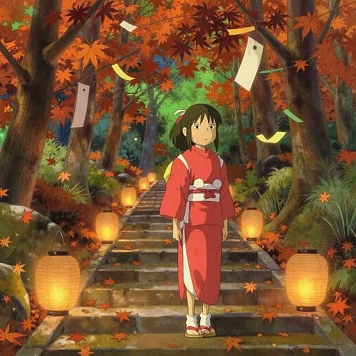 Young Girl in Red Furisode on Autumn Stone Steps