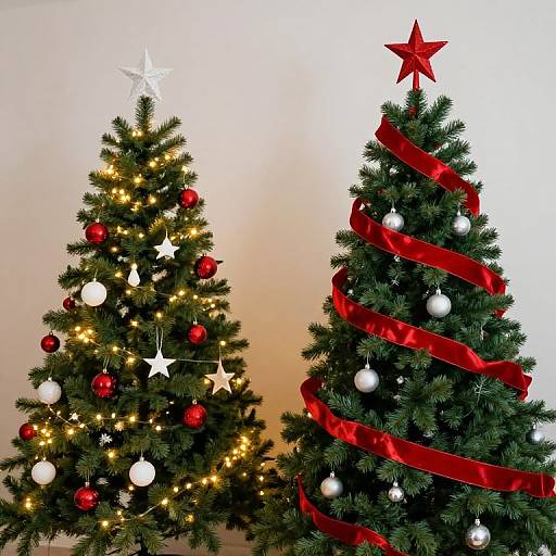 Photograph of two decorated Christmas trees; left tree with warm white lights, red and white ornaments, and a white star; right tree with red ribbon