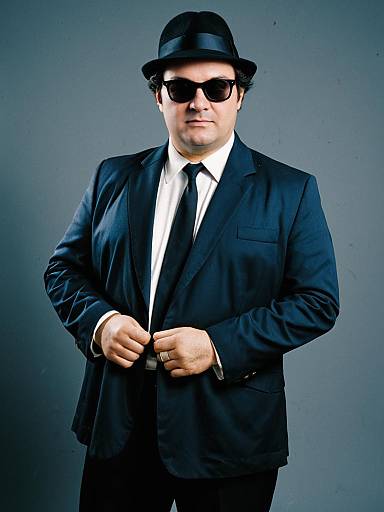 Photograph of a heavyset man in a black suit, tie, and bowler hat, wearing dark sunglasses, standing against a gray background.