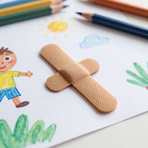 Photograph of a colorful children's drawing with a smiling boy, green grass, and two textured beige band-aids, surrounded by pencils.
