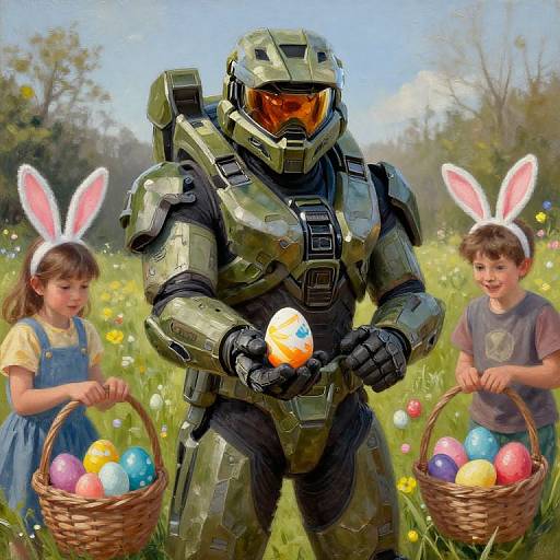 Photorealistic CGI: Green-armored soldier holding Easter egg, flanked by two children with bunny ears, in a sunny meadow with baskets of