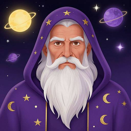 Digital illustration of an elderly wizard with white beard, wearing a starry purple hooded robe, against a cosmic night sky with planets.