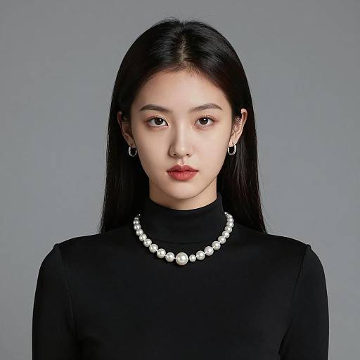Elegant Asian Woman in Black High-Neck Dress