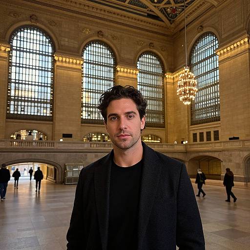 Photograph of a handsome, dark-haired man in a black coat standing in a grand, illuminated train station with arched windows and ornate chandel