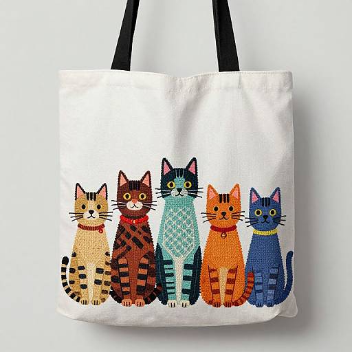 Colorful tote bag featuring five cartoon cats with diverse stripes and colors, standing in a row, against a white background.