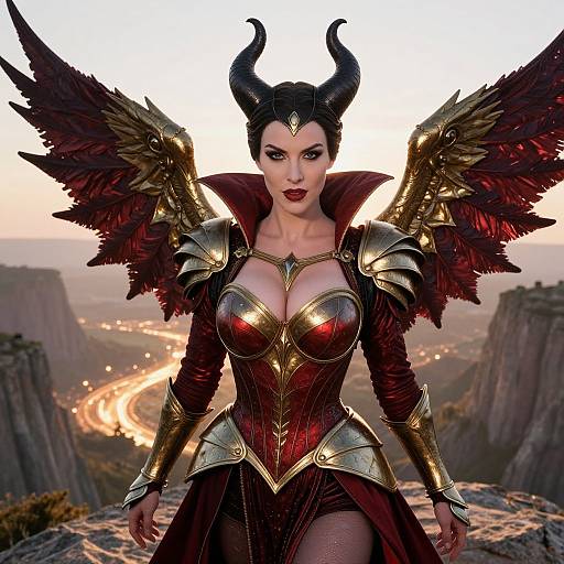 CGI fantasy image of a dark-haired, demon-woman with black horns, red and gold armor, wings, and large breasts, standing on a